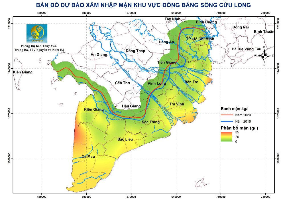 Bản đồ dự báo xâm nhập mặn khu vực ĐBSCL từ ngày 21/3 – 31/3/2020