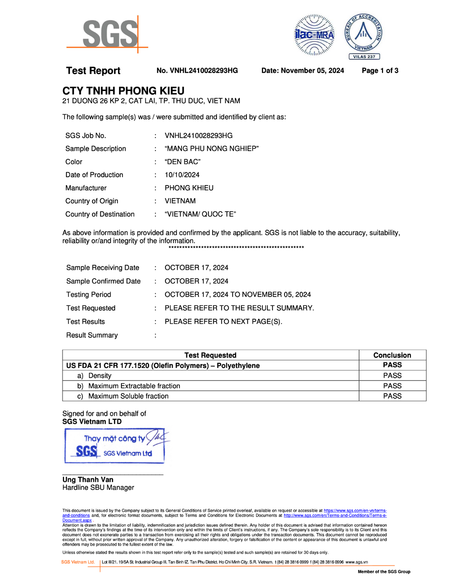 Báo cáo thử nghiệm SGS - Màng phủ nông nghiệp